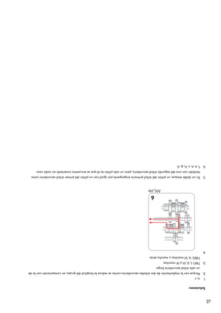 27
     Soluciones:
     1.   a, c
     2. Porque con la implantación de dos árboles secundarios cortos se reduce la longitud del grupo, en comparación con la de
          un solo árbol secundario largo.
     3. TW1: I, II, III y IV marchas
          TW2: V, VI marchas y marcha atrás
     4.
                                       205_016
     5. En un doble ataque, un piñón del árbol primario engarganta por igual con un piñón del primer árbol secundario como
          también con uno del segundo árbol secundario, pero un solo piñón es el que se encuentra conectado en cada caso.
     6. f, e, a, c, b, g, d.
 