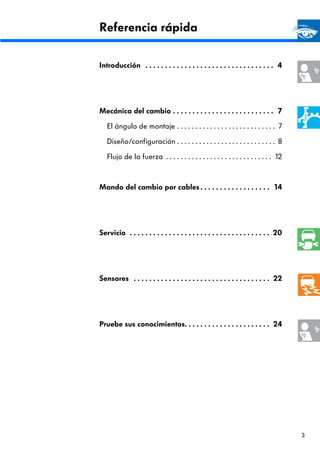 Referencia rápida

Introducción . . . . . . . . . . . . . . . . . . . . . . . . . . . . . . . . . 4




Mecánica del cambio . . . . . . . . . . . . . . . . . . . . . . . . . . 7

   El ángulo de montaje . . . . . . . . . . . . . . . . . . . . . . . . . . . 7

   Diseño/configuración . . . . . . . . . . . . . . . . . . . . . . . . . . . 8

   Flujo de la fuerza . . . . . . . . . . . . . . . . . . . . . . . . . . . . . 12



Mando del cambio por cables . . . . . . . . . . . . . . . . . . 14




Servicio . . . . . . . . . . . . . . . . . . . . . . . . . . . . . . . . . . . . 20




Sensores . . . . . . . . . . . . . . . . . . . . . . . . . . . . . . . . . . . 22




Pruebe sus conocimientos. . . . . . . . . . . . . . . . . . . . . . 24




                                                                                      3
 
