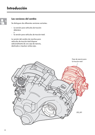 Introducción

      Las versiones del cambio
      Se distinguen dos diferentes versiones variantes:

      - La versión para vehículos de tracción
        delantera
        y
      - la versión para vehículos de tracción total.

      La versión del cambio de marchas para
      vehículos de tracción total dispone
      adicionalmente de una caja de reenvío,
      destinada a impulsar ambos ejes.




                                                          Caja de reenvío para
                                                          la tracción total




                                                                205_001




6
 