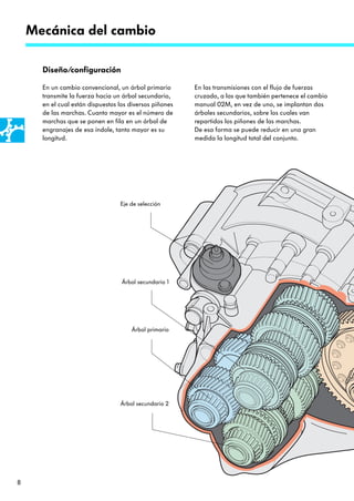 Mecánica del cambio

      Diseño/configuración

      En un cambio convencional, un árbol primario       En las transmisiones con el flujo de fuerzas
      transmite la fuerza hacia un árbol secundario,     cruzado, a las que también pertenece el cambio
      en el cual están dispuestos los diversos piñones   manual 02M, en vez de uno, se implantan dos
      de las marchas. Cuanto mayor es el número de       árboles secundarios, sobre los cuales van
      marchas que se ponen en fila en un árbol de        repartidos los piñones de las marchas.
      engranajes de esa índole, tanto mayor es su        De esa forma se puede reducir en una gran
      longitud.                                          medida la longitud total del conjunto.




                                  Eje de selección




                                   Árbol secundario 1




                                      Árbol primario




                                  Árbol secundario 2




8
 