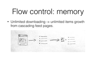 Flow control: memory
• Unlimited downloading -> unlimited items growth
from cascading feed pages.
 