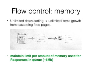 Flow control: memory
• Unlimited downloading -> unlimited items growth
from cascading feed pages.
• maintain limit per amount of memory used for
Responses in queue (~5Mb)
 