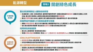 能源轉型
打造綠能
生態系
去碳投資
國際合作
整合資源預算投入優勢技術研發
依減碳潛力
、
成本
、
技術成熟度
、
產業競爭優勢等條件
，
篩選去碳能源關鍵技術
，
啟動多元關係人共同
討論
，
建立短中長期本土優勢去碳能源技術發展路徑與策略藍圖
。
整合資源預算投入具本土產業化潛力優勢技術研發
，
透過產學研合作
，
擴大研發能量
。
扶植零組件國產化打造綠能產業生態圈
推動港埠風電專區
，
建立次世代離岸風力機關鍵零組件本土化開發能力
，
成為亞太離岸風電產業樞紐
。
強化複合運用系統服務
，
輸出結合智慧科技的整合性綠能系統方案
。
培育綠色新創產業
建立本土實證場域
，
營造新創生態系
。
發展智慧能源產業商業模式
，
整合AIoT
、
大數據分析
、
能源即服務(EaaS)等技術
，
提供創新能源服務
。
開創綠色成長
策略�
促進公私部門綠能投資
國營事業(中油
、
台電)帶頭
，
整合中下游廠商
，
投入能源系統淨零轉型投資
。
針對淨零轉型技術研發與應用提供獎勵補助或租稅優惠
，
引領公私部門資金投入綠能市場
。
建立國際夥伴關係促進技術合作
追蹤核心能源技術全球發展動態
，
建立雙邊合作管道
，
促進我國能源技術發展
。
建立國際合作機制推廣我國優勢減碳技術與服務
，
開拓海外淨零商機
。
 