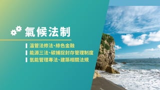 氣候法制
溫管法修法
、
綠色金融
能源三法
、
碳捕捉封存管理制度
氫能管理專法
、
建築相關法規
 