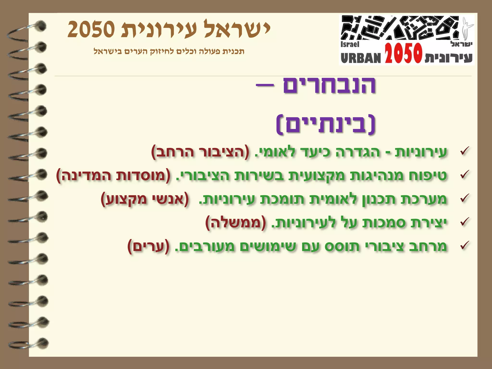‫ישראל עירונית 0502‬
     ‫תכנית פעולה וכלים לחיזוק הערים בישראל‬



                                             ‫הנבחרים –‬
                                              ‫(בינתיים)‬
             ‫עירוניות - הגדרה כיעד לאומי. (הציבור הרחב)‬   ‫‪‬‬
‫טיפוח מנהיגות מקצועית בשירות הציבורי. (מוסדות המדינה)‬     ‫‪‬‬
      ‫מערכת תכנון לאומית תומכת עירוניות. (אנשי מקצוע)‬     ‫‪‬‬
                     ‫יצירת סמכות על לעירוניות. (ממשלה)‬    ‫‪‬‬
          ‫מרחב ציבורי תוסס עם שימושים מעורבים. (ערים)‬     ‫‪‬‬
 