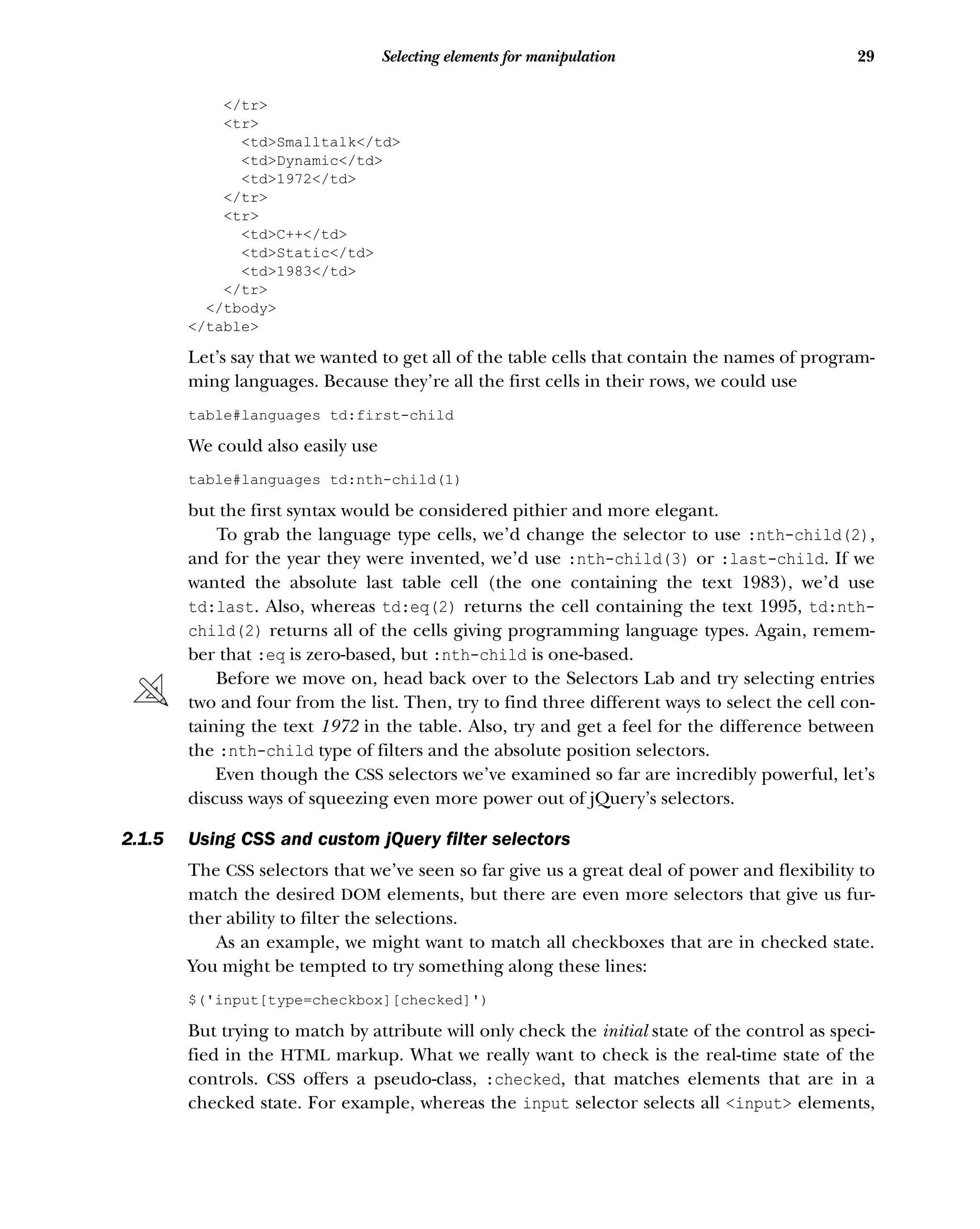 29
Selecting elements for manipulation
</tr>
<tr>
<td>Smalltalk</td>
<td>Dynamic</td>
<td>1972</td>
</tr>
<tr>
<td>C++</td>
<td>Static</td>
<td>1983</td>
</tr>
</tbody>
</table>
Let’s say that we wanted to get all of the table cells that contain the names of program-
ming languages. Because they’re all the first cells in their rows, we could use
table#languages td:first-child
We could also easily use
table#languages td:nth-child(1)
but the first syntax would be considered pithier and more elegant.
To grab the language type cells, we’d change the selector to use :nth-child(2),
and for the year they were invented, we’d use :nth-child(3) or :last-child. If we
wanted the absolute last table cell (the one containing the text 1983), we’d use
td:last. Also, whereas td:eq(2) returns the cell containing the text 1995, td:nth-
child(2) returns all of the cells giving programming language types. Again, remem-
ber that :eq is zero-based, but :nth-child is one-based.
Before we move on, head back over to the Selectors Lab and try selecting entries
two and four from the list. Then, try to find three different ways to select the cell con-
taining the text 1972 in the table. Also, try and get a feel for the difference between
the :nth-child type of filters and the absolute position selectors.
Even though the CSS selectors we’ve examined so far are incredibly powerful, let’s
discuss ways of squeezing even more power out of jQuery’s selectors.
2.1.5 Using CSS and custom jQuery filter selectors
The CSS selectors that we’ve seen so far give us a great deal of power and flexibility to
match the desired DOM elements, but there are even more selectors that give us fur-
ther ability to filter the selections.
As an example, we might want to match all checkboxes that are in checked state.
You might be tempted to try something along these lines:
$('input[type=checkbox][checked]')
But trying to match by attribute will only check the initial state of the control as speci-
fied in the HTML markup. What we really want to check is the real-time state of the
controls. CSS offers a pseudo-class, :checked, that matches elements that are in a
checked state. For example, whereas the input selector selects all <input> elements,
 