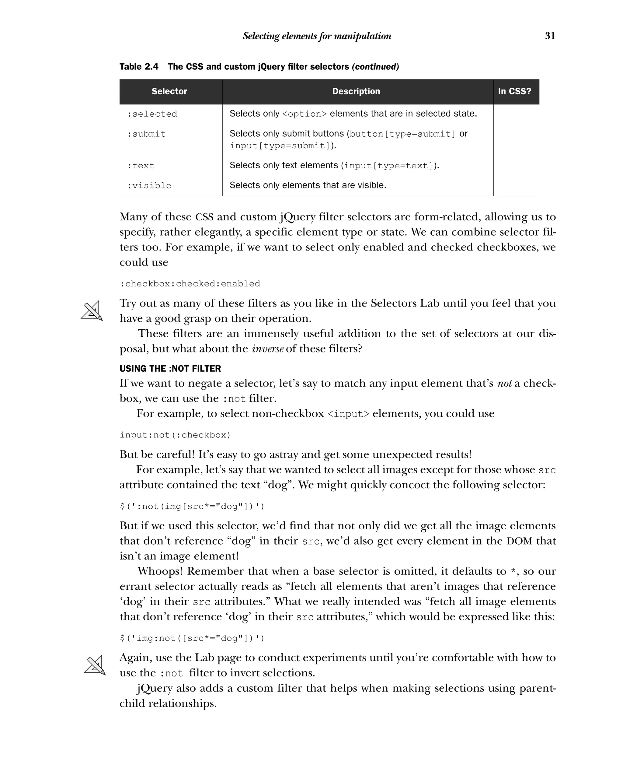 31
Selecting elements for manipulation
Many of these CSS and custom jQuery filter selectors are form-related, allowing us to
specify, rather elegantly, a specific element type or state. We can combine selector fil-
ters too. For example, if we want to select only enabled and checked checkboxes, we
could use
:checkbox:checked:enabled
Try out as many of these filters as you like in the Selectors Lab until you feel that you
have a good grasp on their operation.
These filters are an immensely useful addition to the set of selectors at our dis-
posal, but what about the inverse of these filters?
USING THE :NOT FILTER
If we want to negate a selector, let’s say to match any input element that’s not a check-
box, we can use the :not filter.
For example, to select non-checkbox <input> elements, you could use
input:not(:checkbox)
But be careful! It’s easy to go astray and get some unexpected results!
For example, let’s say that we wanted to select all images except for those whose src
attribute contained the text “dog”. We might quickly concoct the following selector:
$(':not(img[src*="dog"])')
But if we used this selector, we’d find that not only did we get all the image elements
that don’t reference “dog” in their src, we’d also get every element in the DOM that
isn’t an image element!
Whoops! Remember that when a base selector is omitted, it defaults to *, so our
errant selector actually reads as “fetch all elements that aren’t images that reference
‘dog’ in their src attributes.” What we really intended was “fetch all image elements
that don’t reference ‘dog’ in their src attributes,” which would be expressed like this:
$('img:not([src*="dog"])')
Again, use the Lab page to conduct experiments until you’re comfortable with how to
use the :not filter to invert selections.
jQuery also adds a custom filter that helps when making selections using parent-
child relationships.
:selected Selects only <option> elements that are in selected state.
:submit Selects only submit buttons (button[type=submit] or
input[type=submit]).
:text Selects only text elements (input[type=text]).
:visible Selects only elements that are visible.
Table 2.4 The CSS and custom jQuery filter selectors (continued)
Selector Description In CSS?
 