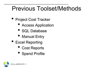 Previous Toolset/Methods
• Project Cost Tracker
• Access Application
• SQL Database
• Manual Entry
• Excel Reporting
• Cost Reports
• Spend Profile
 