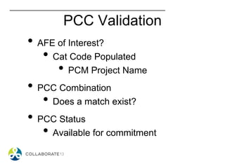 PCC Validation
• AFE of Interest?
• Cat Code Populated
• PCM Project Name
• PCC Combination
• Does a match exist?
• PCC Status
• Available for commitment
 