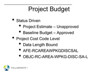 Project Budget
• Status Driven
• Project Estimate – Unapproved
• Baseline Budget – Approved
• Project Cost Code Level
• Data Length Bound
• AFE-RCAREAWPKGDISCSAL
• OBJC-RC-AREA-WPKG-DISC-SA-L
 