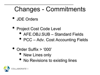 Changes - Commitments
• JDE Orders
• Project Cost Code Level
• AFE.OBJ.SUB – Standard Fields
• PCC – Adv. Cost Accounting Fields
• Order Suffix > ‘000’
• New Lines only
• No Revisions to existing lines
 