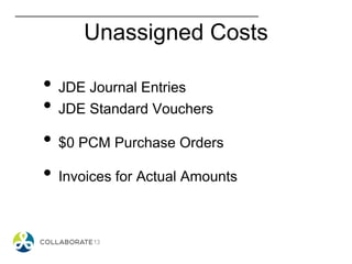 Unassigned Costs
• JDE Journal Entries
• JDE Standard Vouchers
• $0 PCM Purchase Orders
• Invoices for Actual Amounts
 