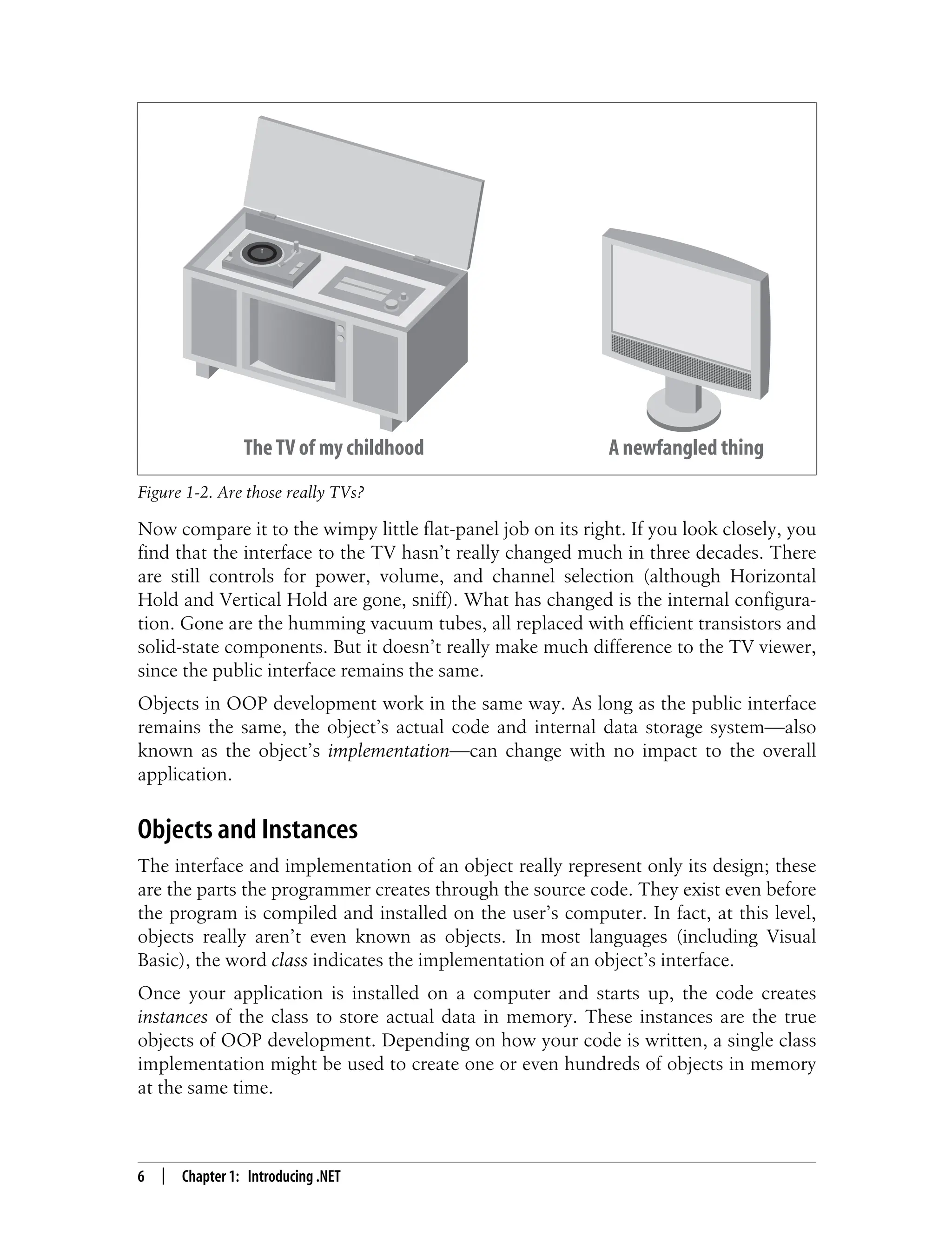 6 | Chapter 1: Introducing .NET Now compare it to the wimpy little flat-panel job on its right. If you look closely, you find that the interface to the TV hasn’t really changed much in three decades. There are still controls for power, volume, and channel selection (although Horizontal Hold and Vertical Hold are gone, sniff). What has changed is the internal configura- tion. Gone are the humming vacuum tubes, all replaced with efficient transistors and solid-state components. But it doesn’t really make much difference to the TV viewer, since the public interface remains the same. Objects in OOP development work in the same way. As long as the public interface remains the same, the object’s actual code and internal data storage system—also known as the object’s implementation—can change with no impact to the overall application. Objects and Instances The interface and implementation of an object really represent only its design; these are the parts the programmer creates through the source code. They exist even before the program is compiled and installed on the user’s computer. In fact, at this level, objects really aren’t even known as objects. In most languages (including Visual Basic), the word class indicates the implementation of an object’s interface. Once your application is installed on a computer and starts up, the code creates instances of the class to store actual data in memory. These instances are the true objects of OOP development. Depending on how your code is written, a single class implementation might be used to create one or even hundreds of objects in memory at the same time. Figure 1-2. Are those really TVs? TheTV of my childhood A newfangled thing 