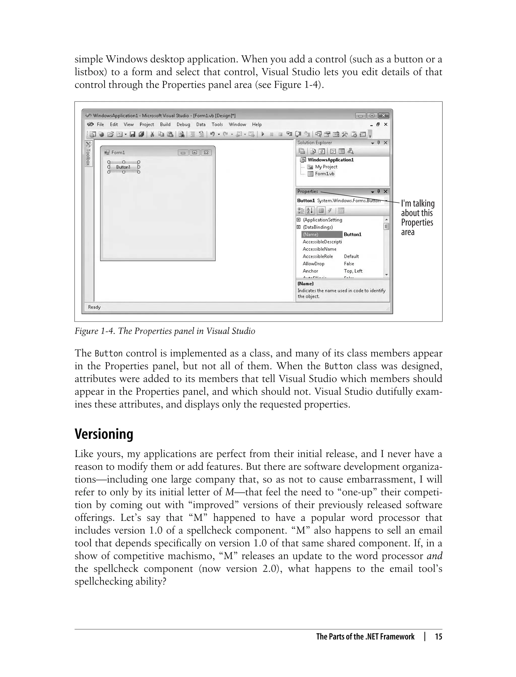 The Parts of the .NET Framework | 15 simple Windows desktop application. When you add a control (such as a button or a listbox) to a form and select that control, Visual Studio lets you edit details of that control through the Properties panel area (see Figure 1-4). The Button control is implemented as a class, and many of its class members appear in the Properties panel, but not all of them. When the Button class was designed, attributes were added to its members that tell Visual Studio which members should appear in the Properties panel, and which should not. Visual Studio dutifully exam- ines these attributes, and displays only the requested properties. Versioning Like yours, my applications are perfect from their initial release, and I never have a reason to modify them or add features. But there are software development organiza- tions—including one large company that, so as not to cause embarrassment, I will refer to only by its initial letter of M—that feel the need to “one-up” their competi- tion by coming out with “improved” versions of their previously released software offerings. Let’s say that “M” happened to have a popular word processor that includes version 1.0 of a spellcheck component. “M” also happens to sell an email tool that depends specifically on version 1.0 of that same shared component. If, in a show of competitive machismo, “M” releases an update to the word processor and the spellcheck component (now version 2.0), what happens to the email tool’s spellchecking ability? Figure 1-4. The Properties panel in Visual Studio I'm talking about this Properties area 