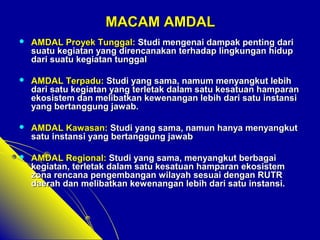 MMAACCAAMM AAMMDDAALL 
 AAMMDDAALL PPrrooyyeekk TTuunnggggaall:: SSttuuddii mmeennggeennaaii ddaammppaakk ppeennttiinngg ddaarrii 
ssuuaattuu kkeeggiiaattaann yyaanngg ddiirreennccaannaakkaann tteerrhhaaddaapp lliinnggkkuunnggaann hhiidduupp 
ddaarrii ssuuaattuu kkeeggiiaattaann ttuunnggggaall 
 AAMMDDAALL TTeerrppaadduu:: SSttuuddii yyaanngg ssaammaa,, nnaammuumm mmeennyyaannggkkuutt lleebbiihh 
ddaarrii ssaattuu kkeeggiiaattaann yyaanngg tteerrlleettaakk ddaallaamm ssaattuu kkeessaattuuaann hhaammppaarraann 
eekkoossiisstteemm ddaann mmeelliibbaattkkaann kkeewweennaannggaann lleebbiihh ddaarrii ssaattuu iinnssttaannssii 
yyaanngg bbeerrttaanngggguunngg jjaawwaabb.. 
 AAMMDDAALL KKaawwaassaann:: SSttuuddii yyaanngg ssaammaa,, nnaammuunn hhaannyyaa mmeennyyaannggkkuutt 
ssaattuu iinnssttaannssii yyaanngg bbeerrttaanngggguunngg jjaawwaabb 
 AAMMDDAALL RReeggiioonnaall:: SSttuuddii yyaanngg ssaammaa,, mmeennyyaannggkkuutt bbeerrbbaaggaaii 
kkeeggiiaattaann,, tteerrlleettaakk ddaallaamm ssaattuu kkeessaattuuaann hhaammppaarraann eekkoossiisstteemm 
zzoonnaa rreennccaannaa ppeennggeemmbbaannggaann wwiillaayyaahh sseessuuaaii ddeennggaann RRUUTTRR 
ddaaeerraahh ddaann mmeelliibbaattkkaann kkeewweennaannggaann lleebbiihh ddaarrii ssaattuu iinnssttaannssii.. 
 