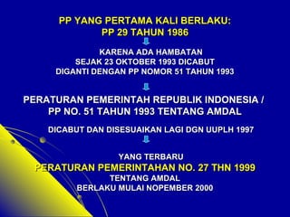 PP YANG PPEERRTTAAMMAA KKAALLII BBEERRLLAAKKUU:: 
PPPP 2299 TTAAHHUUNN 11998866 
KKAARREENNAA AADDAA HHAAMMBBAATTAANN 
SSEEJJAAKK 2233 OOKKTTOOBBEERR 11999933 DDIICCAABBUUTT 
DDIIGGAANNTTII DDEENNGGAANN PPPP NNOOMMOORR 5511 TTAAHHUUNN 11999933 
PPEERRAATTUURRAANN PPEEMMEERRIINNTTAAHH RREEPPUUBBLLIIKK IINNDDOONNEESSIIAA // 
PPPP NNOO.. 5511 TTAAHHUUNN 11999933 TTEENNTTAANNGG AAMMDDAALL 
DDIICCAABBUUTT DDAANN DDIISSEESSUUAAIIKKAANN LLAAGGII DDGGNN UUUUPPLLHH 11999977 
YYAANNGG TTEERRBBAARRUU 
PPEERRAATTUURRAANN PPEEMMEERRIINNTTAAHHAANN NNOO.. 2277 TTHHNN 11999999 
TTEENNTTAANNGG AAMMDDAALL 
BBEERRLLAAKKUU MMUULLAAII NNOOPPEEMMBBEERR 22000000 
 