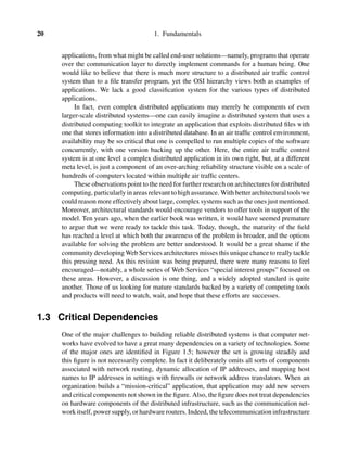20 1. Fundamentals
applications, from what might be called end-user solutions—namely, programs that operate
over the communication layer to directly implement commands for a human being. One
would like to believe that there is much more structure to a distributed air trafﬁc control
system than to a ﬁle transfer program, yet the OSI hierarchy views both as examples of
applications. We lack a good classiﬁcation system for the various types of distributed
applications.
In fact, even complex distributed applications may merely be components of even
larger-scale distributed systems—one can easily imagine a distributed system that uses a
distributed computing toolkit to integrate an application that exploits distributed ﬁles with
one that stores information into a distributed database. In an air trafﬁc control environment,
availability may be so critical that one is compelled to run multiple copies of the software
concurrently, with one version backing up the other. Here, the entire air trafﬁc control
system is at one level a complex distributed application in its own right, but, at a different
meta level, is just a component of an over-arching reliability structure visible on a scale of
hundreds of computers located within multiple air trafﬁc centers.
These observations point to the need for further research on architectures for distributed
computing, particularly in areas relevant to high assurance. With better architectural tools we
could reason more effectively about large, complex systems such as the ones just mentioned.
Moreover, architectural standards would encourage vendors to offer tools in support of the
model. Ten years ago, when the earlier book was written, it would have seemed premature
to argue that we were ready to tackle this task. Today, though, the maturity of the ﬁeld
has reached a level at which both the awareness of the problem is broader, and the options
available for solving the problem are better understood. It would be a great shame if the
community developing Web Services architectures misses this unique chance to really tackle
this pressing need. As this revision was being prepared, there were many reasons to feel
encouraged—notably, a whole series of Web Services “special interest groups” focused on
these areas. However, a discussion is one thing, and a widely adopted standard is quite
another. Those of us looking for mature standards backed by a variety of competing tools
and products will need to watch, wait, and hope that these efforts are successes.
1.3 Critical Dependencies
One of the major challenges to building reliable distributed systems is that computer net-
works have evolved to have a great many dependencies on a variety of technologies. Some
of the major ones are identiﬁed in Figure 1.5; however the set is growing steadily and
this ﬁgure is not necessarily complete. In fact it deliberately omits all sorts of components
associated with network routing, dynamic allocation of IP addresses, and mapping host
names to IP addresses in settings with ﬁrewalls or network address translators. When an
organization builds a “mission-critical” application, that application may add new servers
and critical components not shown in the ﬁgure. Also, the ﬁgure does not treat dependencies
on hardware components of the distributed infrastructure, such as the communication net-
work itself, power supply, or hardware routers. Indeed, the telecommunication infrastructure
 
