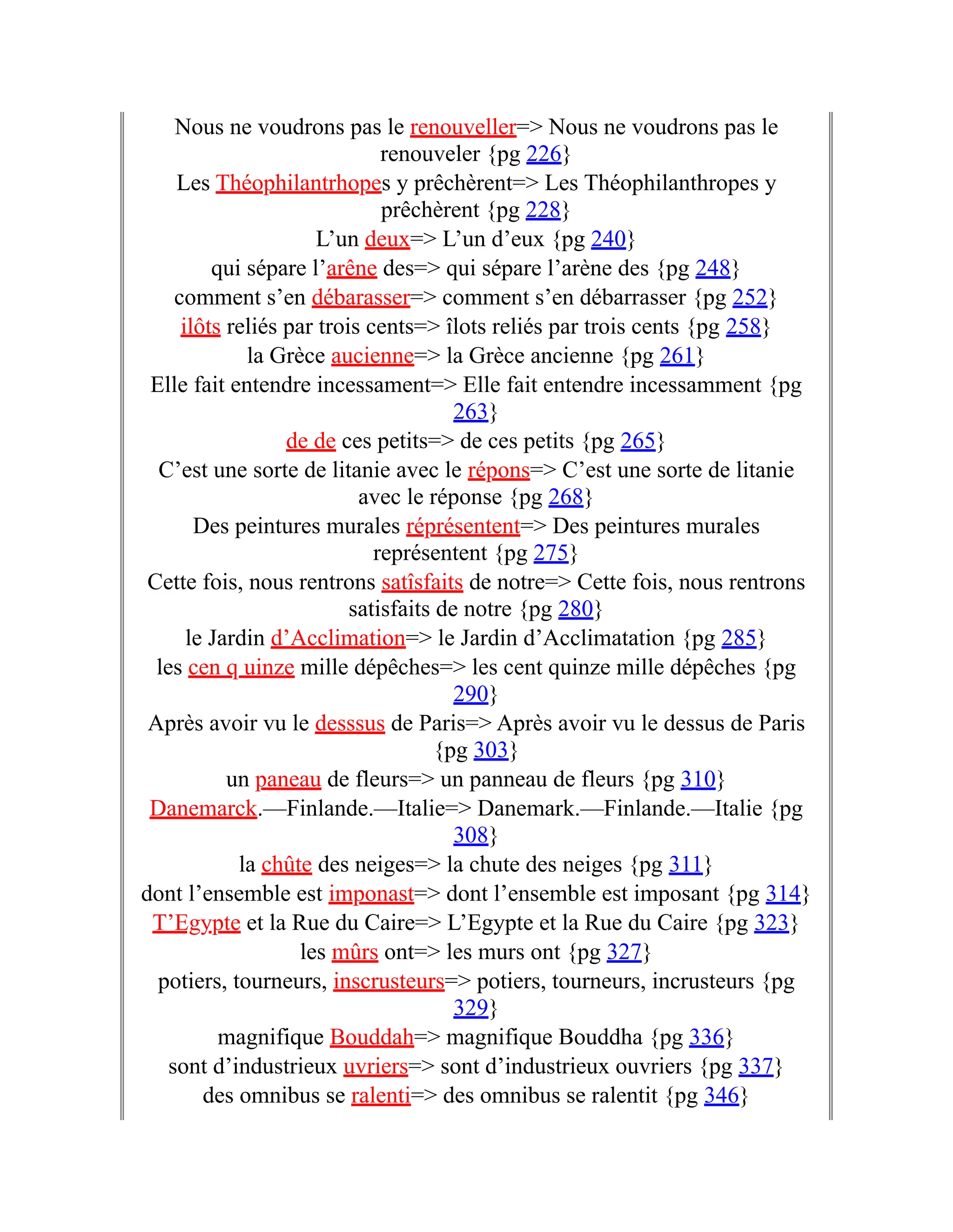 Nous ne voudrons pas le renouveller=> Nous ne voudrons pas le
renouveler {pg 226}
Les Théophilantrhopes y prêchèrent=> Les Théophilanthropes y
prêchèrent {pg 228}
L’un deux=> L’un d’eux {pg 240}
qui sépare l’arêne des=> qui sépare l’arène des {pg 248}
comment s’en débarasser=> comment s’en débarrasser {pg 252}
ilôts reliés par trois cents=> îlots reliés par trois cents {pg 258}
la Grèce aucienne=> la Grèce ancienne {pg 261}
Elle fait entendre incessament=> Elle fait entendre incessamment {pg
263}
de de ces petits=> de ces petits {pg 265}
C’est une sorte de litanie avec le répons=> C’est une sorte de litanie
avec le réponse {pg 268}
Des peintures murales réprésentent=> Des peintures murales
représentent {pg 275}
Cette fois, nous rentrons satîsfaits de notre=> Cette fois, nous rentrons
satisfaits de notre {pg 280}
le Jardin d’Acclimation=> le Jardin d’Acclimatation {pg 285}
les cen q uinze mille dépêches=> les cent quinze mille dépêches {pg
290}
Après avoir vu le desssus de Paris=> Après avoir vu le dessus de Paris
{pg 303}
un paneau de fleurs=> un panneau de fleurs {pg 310}
Danemarck.—Finlande.—Italie=> Danemark.—Finlande.—Italie {pg
308}
la chûte des neiges=> la chute des neiges {pg 311}
dont l’ensemble est imponast=> dont l’ensemble est imposant {pg 314}
T’Egypte et la Rue du Caire=> L’Egypte et la Rue du Caire {pg 323}
les mûrs ont=> les murs ont {pg 327}
potiers, tourneurs, inscrusteurs=> potiers, tourneurs, incrusteurs {pg
329}
magnifique Bouddah=> magnifique Bouddha {pg 336}
sont d’industrieux uvriers=> sont d’industrieux ouvriers {pg 337}
des omnibus se ralenti=> des omnibus se ralentit {pg 346}
 