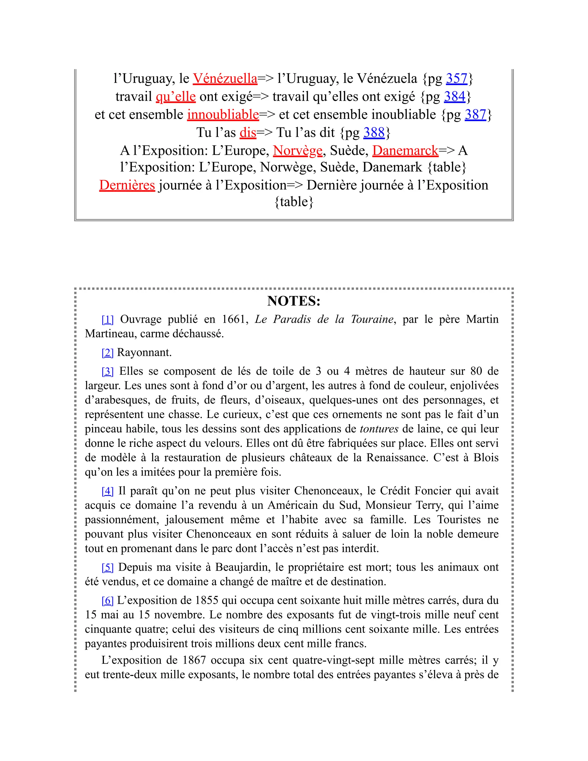 l’Uruguay, le Vénézuella=> l’Uruguay, le Vénézuela {pg 357}
travail qu’elle ont exigé=> travail qu’elles ont exigé {pg 384}
et cet ensemble innoubliable=> et cet ensemble inoubliable {pg 387}
Tu l’as dis=> Tu l’as dit {pg 388}
A l’Exposition: L’Europe, Norvège, Suède, Danemarck=> A
l’Exposition: L’Europe, Norwège, Suède, Danemark {table}
Dernières journée à l’Exposition=> Dernière journée à l’Exposition
{table}
NOTES:
[1] Ouvrage publié en 1661, Le Paradis de la Touraine, par le père Martin
Martineau, carme déchaussé.
[2] Rayonnant.
[3] Elles se composent de lés de toile de 3 ou 4 mètres de hauteur sur 80 de
largeur. Les unes sont à fond d’or ou d’argent, les autres à fond de couleur, enjolivées
d’arabesques, de fruits, de fleurs, d’oiseaux, quelques-unes ont des personnages, et
représentent une chasse. Le curieux, c’est que ces ornements ne sont pas le fait d’un
pinceau habile, tous les dessins sont des applications de tontures de laine, ce qui leur
donne le riche aspect du velours. Elles ont dû être fabriquées sur place. Elles ont servi
de modèle à la restauration de plusieurs châteaux de la Renaissance. C’est à Blois
qu’on les a imitées pour la première fois.
[4] Il paraît qu’on ne peut plus visiter Chenonceaux, le Crédit Foncier qui avait
acquis ce domaine l’a revendu à un Américain du Sud, Monsieur Terry, qui l’aime
passionnément, jalousement même et l’habite avec sa famille. Les Touristes ne
pouvant plus visiter Chenonceaux en sont réduits à saluer de loin la noble demeure
tout en promenant dans le parc dont l’accès n’est pas interdit.
[5] Depuis ma visite à Beaujardin, le propriétaire est mort; tous les animaux ont
été vendus, et ce domaine a changé de maître et de destination.
[6] L’exposition de 1855 qui occupa cent soixante huit mille mètres carrés, dura du
15 mai au 15 novembre. Le nombre des exposants fut de vingt-trois mille neuf cent
cinquante quatre; celui des visiteurs de cinq millions cent soixante mille. Les entrées
payantes produisirent trois millions deux cent mille francs.
L’exposition de 1867 occupa six cent quatre-vingt-sept mille mètres carrés; il y
eut trente-deux mille exposants, le nombre total des entrées payantes s’éleva à près de
 