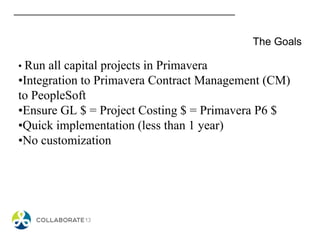The Goals
• Run all capital projects in Primavera
•Integration to Primavera Contract Management (CM)
to PeopleSoft
•Ensure GL $ = Project Costing $ = Primavera P6 $
•Quick implementation (less than 1 year)
•No customization
 