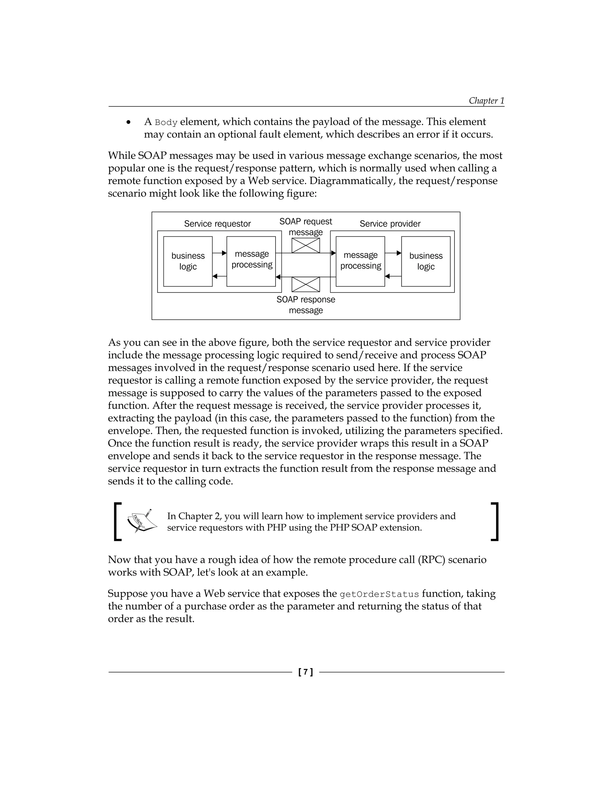 Chapter 1
[  ]
A Body element, which contains the payload of the message. This element
may contain an optional fault element, which describes an error if it occurs.
While SOAP messages may be used in various message exchange scenarios, the most
popular one is the request/response pattern, which is normally used when calling a
remote function exposed by a Web service. Diagrammatically, the request/response
scenario might look like the following figure:
Service requestor Service provider
SOAP request
message
SOAP response
message
business
logic
business
logic
message
processing
message
processing
As you can see in the above figure, both the service requestor and service provider
include the message processing logic required to send/receive and process SOAP
messages involved in the request/response scenario used here. If the service
requestor is calling a remote function exposed by the service provider, the request
message is supposed to carry the values of the parameters passed to the exposed
function. After the request message is received, the service provider processes it,
extracting the payload (in this case, the parameters passed to the function) from the
envelope. Then, the requested function is invoked, utilizing the parameters specified.
Once the function result is ready, the service provider wraps this result in a SOAP
envelope and sends it back to the service requestor in the response message. The
service requestor in turn extracts the function result from the response message and
sends it to the calling code.
In Chapter 2, you will learn how to implement service providers and
service requestors with PHP using the PHP SOAP extension.
Now that you have a rough idea of how the remote procedure call (RPC) scenario
works with SOAP, let's look at an example.
Suppose you have a Web service that exposes the getOrderStatus function, taking
the number of a purchase order as the parameter and returning the status of that
order as the result.
•
 