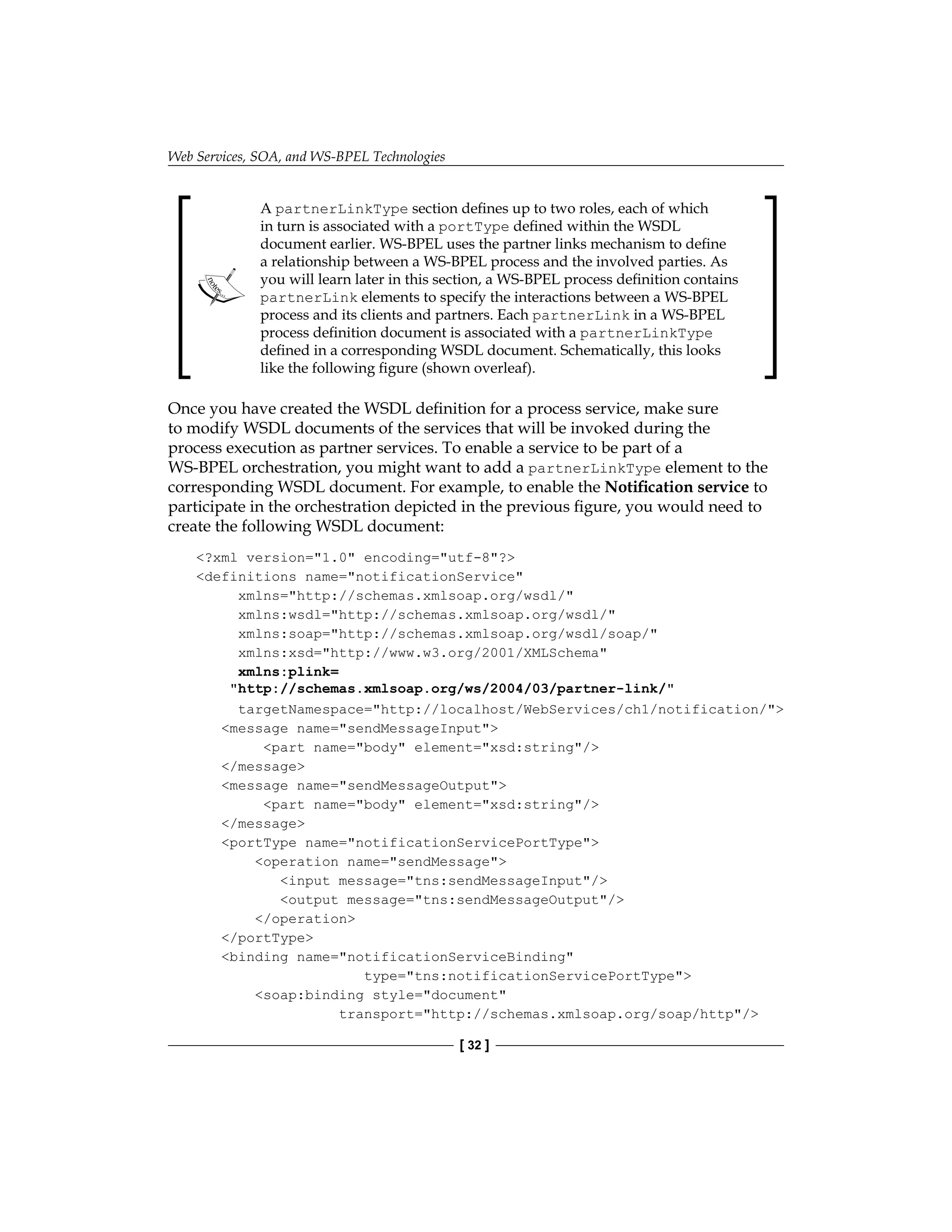 Web Services, SOA, and WS-BPEL Technologies
[ 32 ]
A partnerLinkType section defines up to two roles, each of which
in turn is associated with a portType defined within the WSDL
document earlier. WS‑BPEL uses the partner links mechanism to define
a relationship between a WS-BPEL process and the involved parties. As
you will learn later in this section, a WS-BPEL process definition contains
partnerLink elements to specify the interactions between a WS-BPEL
process and its clients and partners. Each partnerLink in a WS-BPEL
process definition document is associated with a partnerLinkType
defined in a corresponding WSDL document. Schematically, this looks
like the following figure (shown overleaf).
Once you have created the WSDL definition for a process service, make sure
to modify WSDL documents of the services that will be invoked during the
process execution as partner services. To enable a service to be part of a
WS-BPEL orchestration, you might want to add a partnerLinkType element to the
corresponding WSDL document. For example, to enable the Notification service to
participate in the orchestration depicted in the previous figure, you would need to
create the following WSDL document:
?xml version=1.0 encoding=utf-8?
definitions name=notificationService
xmlns=http://schemas.xmlsoap.org/wsdl/
xmlns:wsdl=http://schemas.xmlsoap.org/wsdl/
xmlns:soap=http://schemas.xmlsoap.org/wsdl/soap/
xmlns:xsd=http://www.w3.org/2001/XMLSchema
xmlns:plink=
http://schemas.xmlsoap.org/ws/2004/03/partner-link/
targetNamespace=http://localhost/WebServices/ch1/notification/
message name=sendMessageInput
part name=body element=xsd:string/
/message
message name=sendMessageOutput
part name=body element=xsd:string/
/message
portType name=notificationServicePortType
operation name=sendMessage
input message=tns:sendMessageInput/
output message=tns:sendMessageOutput/
/operation
/portType
binding name=notificationServiceBinding
type=tns:notificationServicePortType
soap:binding style=document
transport=http://schemas.xmlsoap.org/soap/http/
 