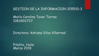 GESTION DE LA INFORMACION 205510-3
María Carolina Tovar Torres
1083892727
Directora: Adriana Silva Villarreal
Pitalito, Huila
Marzo 2018
 