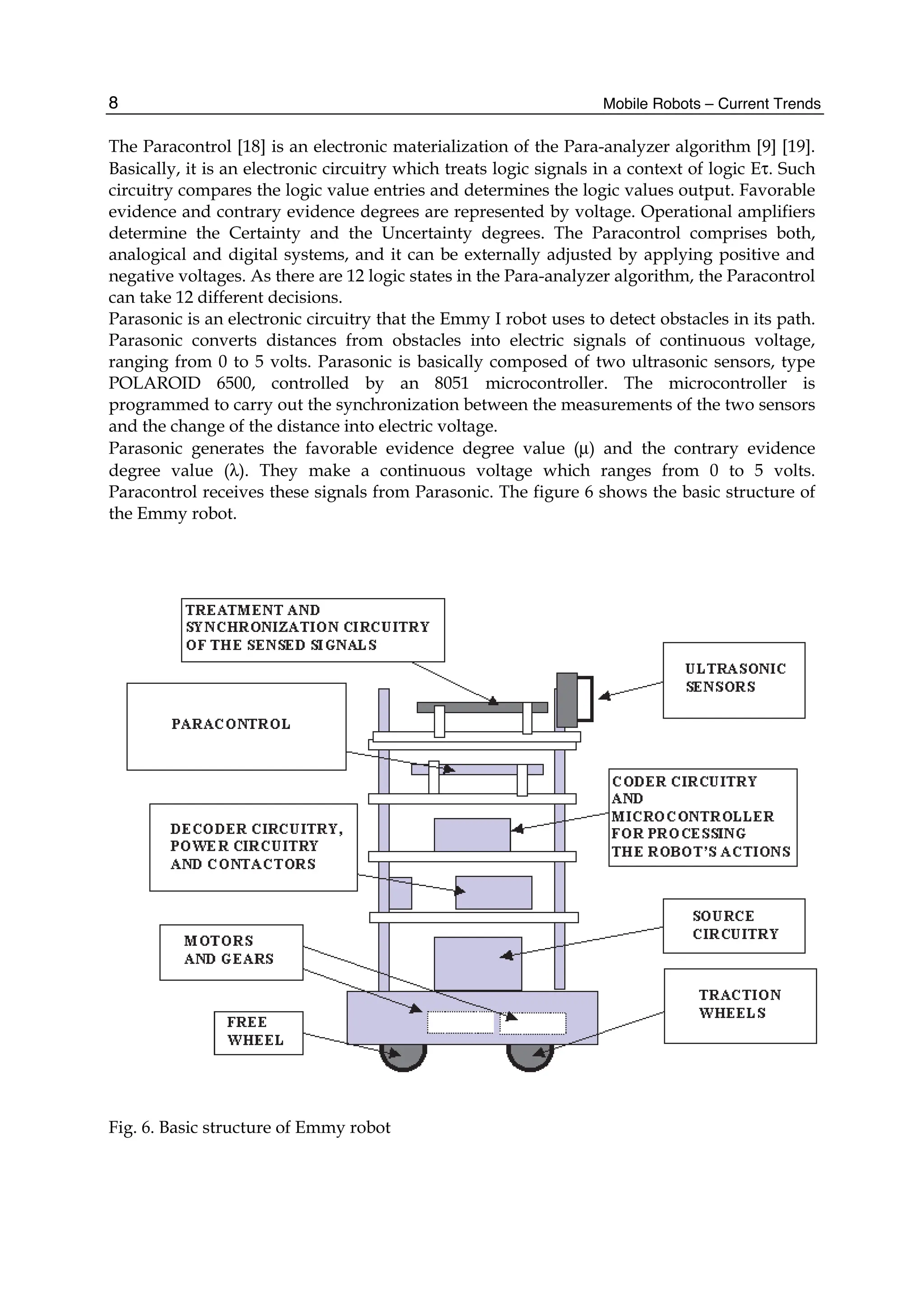 Mobile Robots – Current Trends
8
The Paracontrol [18] is an electronic materialization of the Para-analyzer algorithm [9] [19].
Basically, it is an electronic circuitry which treats logic signals in a context of logic Eτ. Such
circuitry compares the logic value entries and determines the logic values output. Favorable
evidence and contrary evidence degrees are represented by voltage. Operational amplifiers
determine the Certainty and the Uncertainty degrees. The Paracontrol comprises both,
analogical and digital systems, and it can be externally adjusted by applying positive and
negative voltages. As there are 12 logic states in the Para-analyzer algorithm, the Paracontrol
can take 12 different decisions.
Parasonic is an electronic circuitry that the Emmy I robot uses to detect obstacles in its path.
Parasonic converts distances from obstacles into electric signals of continuous voltage,
ranging from 0 to 5 volts. Parasonic is basically composed of two ultrasonic sensors, type
POLAROID 6500, controlled by an 8051 microcontroller. The microcontroller is
programmed to carry out the synchronization between the measurements of the two sensors
and the change of the distance into electric voltage.
Parasonic generates the favorable evidence degree value (μ) and the contrary evidence
degree value (λ). They make a continuous voltage which ranges from 0 to 5 volts.
Paracontrol receives these signals from Parasonic. The figure 6 shows the basic structure of
the Emmy robot.
Fig. 6. Basic structure of Emmy robot
 