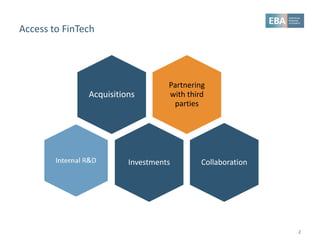 Access to FinTech
2
Partnering
with third
parties
Acquisitions
Investments Collaboration
 