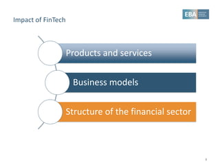 Impact of FinTech
3
Products and services
Business models
Structure of the financial sector
 