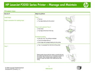 HP LaserJet P2050 Series Printer – Manage and Maintain
© 2008 Copyright Hewlett-Packard
Development Company, L.P.
1
www.hp.com
Fill paper trays
How do I? Steps to perform
Tray 1
● Face-up
● Top edge leading into the product
Tray 2 and optional Tray 3
● Face down
● Top edge at the front of the tray
Load trays
Paper orientation for loading trays
Envelope printing
● Use only Tray 1 for printing envelopes
● Front of envelope face-up
● Short edge with postage leading into the printer
● Tray 1 is accessed from the front of the printer.
Tray 1
Media guides ensure that the media is correctly fed into
the product and that the print is not skewed (crooked on
the media). When loading media, adjust the media
guides to match the width of the media that you are
using.
 