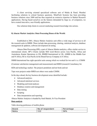 A client servicing oriented specialized software unit of Media & Panel, Mumbai
facilitating solutions to critical business questions. MindTech Systems has been providing
business solutions since 2000 and has thus acquired an extensive expertise in Market Research
applications. Having based ourselves on the features demanded by large no. of companies, we
have created innovative, user-friendly applications.
       Our solutions help clients to convert marketing research knowledge into actions.


8) Abacus Market Analytics: Data Processing House of the World:


        Established in 2001, Abacus Market Analytics unit offers a wide range of services to all
the research units in IMRB. These include data processing, charting, statistical analysis, database
management & updation, software development & testing.
        Abacus Data Processing (DP), a part of Abacus Market analytics, offers similar service to
international clients. DP’s Clients include Mill word Brown across Asia Pacific, Africa and
Australasia, Kantar Operations in UK, BMRB International in UK, AMRB in the Middle East
and N Africa, RI in Asia Pacific & the Brand Survey Company in S Africa.
IMRB International has eight specialist units among which we worked for two unit’s i.e. CSMM
(Customer satisfaction management and measurement) and BIRD (research Consultancy for
B2B and technology market. The projects pendulum and net book and net
Tops were projects under BIRD rest others were under CSMM.
In the days ahead, the key business development areas identified include:
   •   Advanced analytics
   •   Advanced statistical services
   •   Modeling and trend analyses
   •   Database creation and management
   •   Data mining
   •   Scripting
   •   Data interpretation and reporting
Abacus Market Analytics is headed by Sunil Bakshi, Sr Vice President
Data analysis
Table showing preference of mobile phone

 Brand                            No of respondent                  Percentage
 Nokia                            112                               56%
 