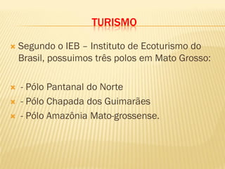 TURISMO
 Segundo o IEB – Instituto de Ecoturismo do
Brasil, possuimos três polos em Mato Grosso:
 - Pólo Pantanal do Norte
 - Pólo Chapada dos Guimarães
 - Pólo Amazônia Mato-grossense.
 