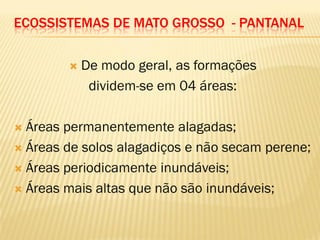 ECOSSISTEMAS DE MATO GROSSO - PANTANAL
 De modo geral, as formações
dividem-se em 04 áreas:
 Áreas permanentemente alagadas;
 Áreas de solos alagadiços e não secam perene;
 Áreas periodicamente inundáveis;
 Áreas mais altas que não são inundáveis;
 