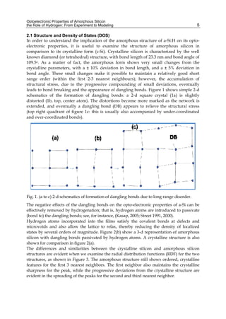 Optoelectronic Properties of Amorphous Silicon
the Role of Hydrogen: From Experiment to Modeling 5
2.1 Structure and Density of States (DOS)
In order to understand the implication of the amorphous structure of a-Si:H on its opto-
electronic properties, it is useful to examine the structure of amorphous silicon in
comparison to its crystalline form (c-Si). Crystalline silicon is characterized by the well
known diamond (or tetrahedral) structure, with bond length of 23.3 nm and bond angle of
109.5o. As a matter of fact, the amorphous form shows very small changes from the
crystalline parameters, with a ± 10% deviation in bond length, and a ± 5% deviation in
bond angle. These small changes make it possible to maintain a relatively good short
range order (within the first 2-3 nearest neighbours); however, the accumulation of
structural stress, due to the progressive compounding of small deviations, eventually
leads to bond breaking and the appearance of dangling bonds. Figure 1 shows simple 2-d
schematics of the formation of dangling bonds: a 2-d square crystal (1a) is slightly
distorted (1b, top, center atom). The distortions become more marked as the network is
extended, and eventually a dangling bond (DB) appears to relieve the structural stress
(top right quadrant of figure 1c: this is usually also accompanied by under-coordinated
and over-coordinated bonds).
Fig. 1. (a to c) 2-d schematics of formation of dangling bonds due to long range disorder.
The negative effects of the dangling bonds on the opto-electronic properties of a-Si can be
effectively removed by hydrogenation; that is, hydrogen atoms are introduced to passivate
(bond to) the dangling bonds; see, for instance, (Kasap, 2005; Street 1991, 2000).
Hydrogen atoms incorporated into the films satisfy the covalent bonds at defects and
microvoids and also allow the lattice to relax, thereby reducing the density of localized
states by several orders of magnitude. Figure 2(b) show a 3-d representation of amorphous
silicon with dangling bonds passivated by hydrogen atoms. A crystalline structure is also
shown for comparison in figure 2(a).
The differences and similarities between the crystalline silicon and amorphous silicon
structures are evident when we examine the radial distribution functions (RDF) for the two
structures, as shown in Figure 3. The amorphous structure still shows ordered, crystalline
features for the first 3 nearest neighbors. The first neighbor also maintains the crystalline
sharpness for the peak, while the progressive deviations from the crystalline structure are
evident in the spreading of the peaks for the second and third nearest neighbor.
 