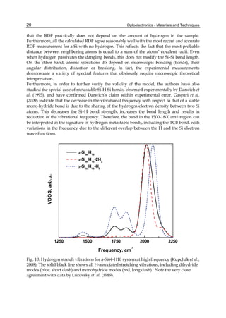 Optoelectronics - Materials and Techniques
20
that the RDF practically does not depend on the amount of hydrogen in the sample.
Furthermore, all the calculated RDF agree reasonably well with the most recent and accurate
RDF measurement for a-Si with no hydrogen. This reflects the fact that the most probable
distance between neighboring atoms is equal to a sum of the atoms’ covalent radii. Even
when hydrogen passivates the dangling bonds, this does not modify the Si–Si bond length.
On the other hand, atomic vibrations do depend on microscopic bonding (bonds), their
angular distribution, distortion or breaking. In fact, the experimental measurements
demonstrate a variety of spectral features that obviously require microscopic theoretical
interpretation.
Furthermore, in order to further verify the validity of the model, the authors have also
studied the special case of metastable Si-H-Si bonds, observed experimentally by Darwich et
al. (1995), and have confirmed Darwich’s claim within experimental error. Gaspari et al.
(2009) indicate that the decrease in the vibrational frequency with respect to that of a stable
mono-hydride bond is due to the sharing of the hydrogen electron density between two Si
atoms. This decreases the Si–H bond strength, increases the bond length and results in
reduction of the vibrational frequency. Therefore, the band in the 1500-1800 cm-1 region can
be interpreted as the signature of hydrogen metastable bonds, including the TCB bond, with
variations in the frequency due to the different overlap between the H and the Si electron
wave functions.
Fig. 10. Hydrogen stretch vibrations for a-Si64-H10 system at high frequency (Kupchak et al.,
2008). The solid black line shows all H-associated stretching vibrations, including dihydride
modes (blue, short dash) and monohydride modes (red, long dash). Note the very close
agreement with data by Lucovsky et al. (1989).
 