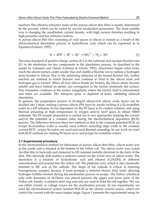 Silicon–Rich Silicon Oxide Thin Films Fabricated by Electro-Chemical Method 29
medium. The effective refractive index of the porous silicon thin films is mainly determined
by the porosity which can be varied by several anodization parameters. The most suitable
way is changing the anodization current density, with high current densities resulting in
high porosities and low refractive indices.
A porous silicon thin film consisting of void spaces in silicon is created as a result of the
electrochemical dissolution process in hydrofluoric acid, which can be expressed as in
Equation (Valance, 1997):
2
6 2
Si 4HF 2F 2h SiF H 2H
− + − −
+ + + → + + (1)
The mass transport of positive charge carriers (h+) in the substrate and reactant fluorine ions
(F-) in the electrolyte are key components in the dissolution process. As described in the
model by Lehmann and Gösele (Lehman  Gösele, 1991), dissolution begins when holes
reach the silicon surface under anodic bias and enable a fluorine ion to replace a hydrogen
atom bonded to silicon. Due to the polarizing influence of the bound fluorine ion, further
reaction are initiated in which fluorine ions continue to bind to the silicon atom and
hydrogen gas is formed. When all four silicon bonds are broken, the silicon atoms become
soluble and leave behind an atomic size corrugation in the former atomically flat surface.
Pore formation continues at the surface irregularity where the electric field is concentrated
and holes are available. The interpore space is depleted of holes, inhibiting sidewall
dissolution.
In general, the preparation process of Er-doped silicon-rich silicon oxide layers can be
divided into 3 steps: making a porous silicon (PS) layer by anodic etching of a Si-crystalline
wafer in a HF solution; Er-ion deposition on the PS layer in Er content solution; and using
thermal annealing at high temperature in oxygen and/or inert gases to obtain SRSO
materials. The PS sample preparation is carried out in two approaches: keeping the current
and/or the potential at a constant value during the electrochemical deposition (ECD)
process. The difference between these two methods is that in the constant potential ECD, an
n-type Si-crystalline wafer is usually used without annealing steps while in the constant
current ECD, p-type Si-wafers are used and need thermal annealing. In our work we used
both ECD methods for making PS layers on n- and p-type Si-crystalline wafers.
2.1 Experimental procedure
In the electrochemical method for fabrication of porous silicon thin films, silicon wafer acts
as the anode and is situated at the bottom of the Teflon cell. The silicon wafer was coated
Au-thin film in back-side and contacted to HF-resistant metallic electrode in the form of the
disk. This electrode disk enables a uniform contact on the whole area of silicon wafer. The
electrolyte is a mixture of hydrofluoric acid and ethanol (C2H5OH) at different
concentrations and poured into the Teflon cell. The platinum wire, which is also chemically
resistant to HF, acts as the cathode. The shape of the cathode is critical to ensuring
homogeneous samples, because it must promote a uniform electric field while allowing
hydrogen bubbles formed during the anodization process to escape. The Teflon cylindrical
tube with diameters of 10-15mm was placed between the upper and lower parts of the
Teflon cell. Finally, a stainless steel ring and nuts are used to hold the cell together. We can
use either current or voltage source for the anodization process. In our experiments, we
used the electrochemical system Autolab PGS-30 as the electric current source, which can
control the current with the nano-Amper range. Figure 1 presents the experimental setup for
 