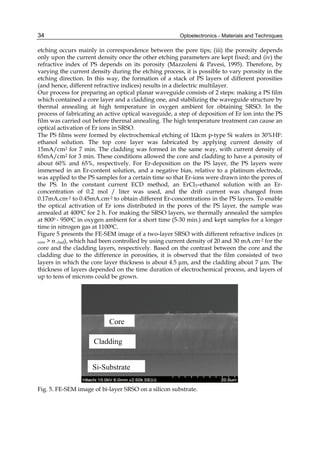 Optoelectronics - Materials and Techniques
34
etching occurs mainly in correspondence between the pore tips; (iii) the porosity depends
only upon the current density once the other etching parameters are kept fixed; and (iv) the
refractive index of PS depends on its porosity (Mazzoleni  Pavesi, 1995). Therefore, by
varying the current density during the etching process, it is possible to vary porosity in the
etching direction. In this way, the formation of a stack of PS layers of different porosities
(and hence, different refractive indices) results in a dielectric multilayer.
Our process for preparing an optical planar waveguide consists of 2 steps: making a PS film
which contained a core layer and a cladding one, and stabilizing the waveguide structure by
thermal annealing at high temperature in oxygen ambient for obtaining SRSO. In the
process of fabricating an active optical waveguide, a step of deposition of Er ion into the PS
film was carried out before thermal annealing. The high temperature treatment can cause an
optical activation of Er ions in SRSO.
The PS films were formed by electrochemical etching of 1Ωcm p-type Si wafers in 30%HF:
ethanol solution. The top core layer was fabricated by applying current density of
15mA/cm2 for 7 min. The cladding was formed in the same way, with current density of
65mA/cm2 for 3 min. These conditions allowed the core and cladding to have a porosity of
about 60% and 65%, respectively. For Er-deposition on the PS layer, the PS layers were
immersed in an Er-content solution, and a negative bias, relative to a platinum electrode,
was applied to the PS samples for a certain time so that Er-ions were drawn into the pores of
the PS. In the constant current ECD method, an ErCl3–ethanol solution with an Er-
concentration of 0.2 mol / liter was used, and the drift current was changed from
0.17mA.cm-2 to 0.45mA.cm-2 to obtain different Er-concentrations in the PS layers. To enable
the optical activation of Er ions distributed in the pores of the PS layer, the sample was
annealed at 4000C for 2 h. For making the SRSO layers, we thermally annealed the samples
at 8000 - 9500C in oxygen ambient for a short time (5-30 min.) and kept samples for a longer
time in nitrogen gas at 11000C.
Figure 5 presents the FE-SEM image of a two-layer SRSO with different refractive indices (n
core  n clad), which had been controlled by using current density of 20 and 30 mA.cm-2 for the
core and the cladding layers, respectively. Based on the contrast between the core and the
cladding due to the difference in porosities, it is observed that the film consisted of two
layers in which the core layer thickness is about 4.5 μm, and the cladding about 7 μm. The
thickness of layers depended on the time duration of electrochemical process, and layers of
up to tens of microns could be grown.
Core
Cladding
Si-Substrate
Fig. 5. FE-SEM image of bi-layer SRSO on a silicon substrate.
 