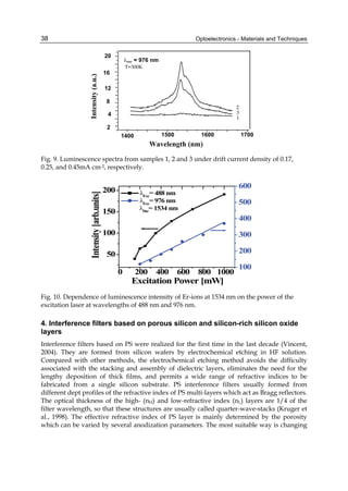 Optoelectronics - Materials and Techniques
38
Intensity
(a.u.)
Wavelength (nm)
1400 1500 1600 1700
2
4
8
12
16
20
λexc = 976 nm
2
3
1
T=300K
Fig. 9. Luminescence spectra from samples 1, 2 and 3 under drift current density of 0.17,
0.25, and 0.45mA cm-2, respectively.
0 200 400 600 800 1000
50
100
150
200 λExc
= 488 nm
λExc
= 976 nm
λDte
= 1534 nm
100
200
300
400
500
600
Intensity
[arb.units]
Excitation Power [mW]
Fig. 10. Dependence of luminescence intensity of Er-ions at 1534 nm on the power of the
excitation laser at wavelengths of 488 nm and 976 nm.
4. Interference filters based on porous silicon and silicon-rich silicon oxide
layers
Interference filters based on PS were realized for the first time in the last decade (Vincent,
2004). They are formed from silicon wafers by electrochemical etching in HF solution.
Compared with other methods, the electrochemical etching method avoids the difficulty
associated with the stacking and assembly of dielectric layers, eliminates the need for the
lengthy deposition of thick films, and permits a wide range of refractive indices to be
fabricated from a single silicon substrate. PS interference filters usually formed from
different dept profiles of the refractive index of PS multi-layers which act as Bragg reflectors.
The optical thickness of the high- (nH) and low-refractive index (nL) layers are 1/4 of the
filter wavelength, so that these structures are usually called quarter-wave-stacks (Kruger et
al., 1998). The effective refractive index of PS layer is mainly determined by the porosity
which can be varied by several anodization parameters. The most suitable way is changing
 