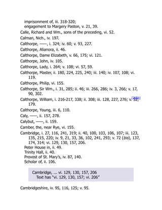 imprisonment of, iii. 318-320;
engagement to Margery Paston, v. 21, 39.
Calle, Richard and Wm., sons of the preceding, vi. 52.
Calman, Nich., iv. 197.
Calthorpe, ——, i. 324; iv. 60; v. 93, 227.
Calthorpe, Alianora, ii. 46.
Calthorpe, Dame Elizabeth, v. 66, 175; vi. 121.
Calthorpe, John, iv. 105.
Calthorpe, Lady, i. 264; v. 108; vi. 57, 59.
Calthorpe, Master, ii. 180, 224, 225, 240; iii. 140; iv. 107, 108; vi.
119.
Calthorpe, Philip, vi. 155.
Calthorpe, Sir Wm., i. 31, 285; ii. 46; iii. 266, 286; iv. 3, 266; v. 17,
90, 302.
Calthorpe, William, i. 216-217, 338; ii. 308; iii. 128, 227, 276; v. 32,
179.
Calthorpe, Young, iii. 6, 110.
Caly, ——, ii. 157, 278.
Calybut, ——, ii. 159.
Camber, the, near Rye, vi. 155.
Cambridge, i. 27, 116, 241, 319; ii. 40, 100, 103, 106, 107; iii. 123,
135, 215, 220; iv. 9, 21, 33, 36, 102, 241, 293; v. 72 (bis), 137,
174, 314; vi. 129, 130, 157, 206.
Peter House in, ii. 49.
Trinity Hall, ii. 40.
Provost of St. Mary’s, iv. 87, 140.
Scholar of, ii. 106.
Cambridge, ... vi. 129, 130, 157, 206
Text has “vi. 129, 130, 157; vi. 206”
Cambridgeshire, iv. 95, 116, 125; v. 95.
[265b]
 