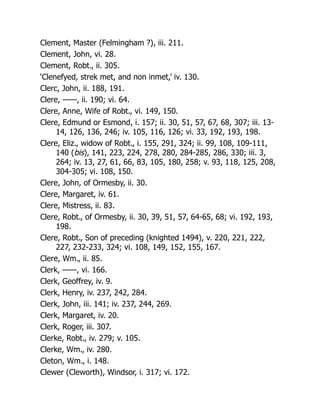 Clement, Master (Felmingham ?), iii. 211.
Clement, John, vi. 28.
Clement, Robt., ii. 305.
‘Clenefyed, strek met, and non inmet,’ iv. 130.
Clerc, John, ii. 188, 191.
Clere, ——, ii. 190; vi. 64.
Clere, Anne, Wife of Robt., vi. 149, 150.
Clere, Edmund or Esmond, i. 157; ii. 30, 51, 57, 67, 68, 307; iii. 13-
14, 126, 136, 246; iv. 105, 116, 126; vi. 33, 192, 193, 198.
Clere, Eliz., widow of Robt., i. 155, 291, 324; ii. 99, 108, 109-111,
140 (bis), 141, 223, 224, 278, 280, 284-285, 286, 330; iii. 3,
264; iv. 13, 27, 61, 66, 83, 105, 180, 258; v. 93, 118, 125, 208,
304-305; vi. 108, 150.
Clere, John, of Ormesby, ii. 30.
Clere, Margaret, iv. 61.
Clere, Mistress, ii. 83.
Clere, Robt., of Ormesby, ii. 30, 39, 51, 57, 64-65, 68; vi. 192, 193,
198.
Clere, Robt., Son of preceding (knighted 1494), v. 220, 221, 222,
227, 232-233, 324; vi. 108, 149, 152, 155, 167.
Clere, Wm., ii. 85.
Clerk, ——, vi. 166.
Clerk, Geoffrey, iv. 9.
Clerk, Henry, iv. 237, 242, 284.
Clerk, John, iii. 141; iv. 237, 244, 269.
Clerk, Margaret, iv. 20.
Clerk, Roger, iii. 307.
Clerke, Robt., iv. 279; v. 105.
Clerke, Wm., iv. 280.
Cleton, Wm., i. 148.
Clewer (Cleworth), Windsor, i. 317; vi. 172.
 