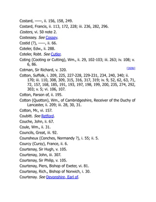 Costard, ——, ii. 156, 158, 249.
Costard, Francis, ii. 113, 172, 228; iii. 236, 282, 296.
Costers, vi. 50 note 2.
Costessey. See Cossey.
Costid (?), ——, ii. 66.
Coteler, Edw., ii. 288.
Coteler, Robt. See Cutler.
Coting (Cooting or Cutting), Wm., ii. 29, 102-103; iii. 263; iv. 108; v.
6, 86.
Cotman, Sir Richard, v. 320.
Cotton, Suffolk, i. 209, 225, 227-228, 229-231, 234, 240, 340; ii.
170; iii. 110, 308, 309, 315, 316, 317, 319; iv. 9, 52, 62, 63, 71,
72, 157, 168, 185, 191, 193, 197, 198, 199, 200, 235, 274, 292,
303; v. 5; vi. 106, 107.
Cotton, Parson of, ii. 195.
Cotton (Quotton), Wm., of Cambridgeshire, Receiver of the Duchy of
Lancaster, ii. 209; iii. 28, 30, 31.
Cotton, Mr., vi. 157.
Coubitt. See Retford.
Couche, John, ii. 67.
Coule, Wm., ii. 31.
Councils, Great, iii. 92.
Counsheux (Conches, Normandy ?), i. 55; ii. 5.
Courcy (Cursy), France, ii. 6.
Courtenay, Sir Hugh, v. 105.
Courtenay, John, iii. 307.
Courtenay, Sir Philip, v. 105.
Courtenay, Piers, Bishop of Exeter, vi. 81.
Courtenay, Rich., Bishop of Norwich, i. 30.
Courtenay. See Devonshire, Earl of.
[269b]
 