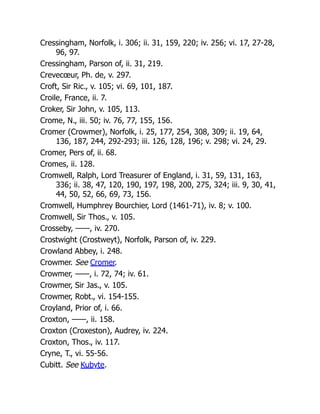 Cressingham, Norfolk, i. 306; ii. 31, 159, 220; iv. 256; vi. 17, 27-28,
96, 97.
Cressingham, Parson of, ii. 31, 219.
Crevecœur, Ph. de, v. 297.
Croft, Sir Ric., v. 105; vi. 69, 101, 187.
Croile, France, ii. 7.
Croker, Sir John, v. 105, 113.
Crome, N., iii. 50; iv. 76, 77, 155, 156.
Cromer (Crowmer), Norfolk, i. 25, 177, 254, 308, 309; ii. 19, 64,
136, 187, 244, 292-293; iii. 126, 128, 196; v. 298; vi. 24, 29.
Cromer, Pers of, ii. 68.
Cromes, ii. 128.
Cromwell, Ralph, Lord Treasurer of England, i. 31, 59, 131, 163,
336; ii. 38, 47, 120, 190, 197, 198, 200, 275, 324; iii. 9, 30, 41,
44, 50, 52, 66, 69, 73, 156.
Cromwell, Humphrey Bourchier, Lord (1461-71), iv. 8; v. 100.
Cromwell, Sir Thos., v. 105.
Crosseby, ——, iv. 270.
Crostwight (Crostweyt), Norfolk, Parson of, iv. 229.
Crowland Abbey, i. 248.
Crowmer. See Cromer.
Crowmer, ——, i. 72, 74; iv. 61.
Crowmer, Sir Jas., v. 105.
Crowmer, Robt., vi. 154-155.
Croyland, Prior of, i. 66.
Croxton, ——, ii. 158.
Croxton (Croxeston), Audrey, iv. 224.
Croxton, Thos., iv. 117.
Cryne, T., vi. 55-56.
Cubitt. See Kubyte.
 