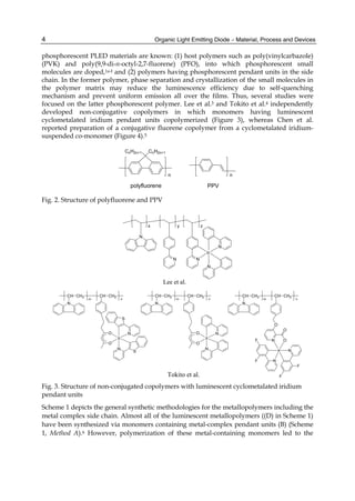 Organic Light Emitting Diode – Material, Process and Devices
4
phosphorescent PLED materials are known: (1) host polymers such as poly(vinylcarbazole)
(PVK) and poly(9,9-di-n-octyl-2,7-fluorene) (PFO), into which phosphorescent small
molecules are doped,1a-f and (2) polymers having phosphorescent pendant units in the side
chain. In the former polymer, phase separation and crystallization of the small molecules in
the polymer matrix may reduce the luminescence efficiency due to self-quenching
mechanism and prevent uniform emission all over the films. Thus, several studies were
focused on the latter phosphorescent polymer. Lee et al.3 and Tokito et al.4 independently
developed non-conjugative copolymers in which monomers having luminescent
cyclometalated iridium pendant units copolymerized (Figure 3), whereas Chen et al.
reported preparation of a conjugative fluorene copolymer from a cyclometalated iridium-
suspended co-monomer (Figure 4).5
n
PPV
polyfluorene
n
CnH2n+1
CnH2n+1
Fig. 2. Structure of polyfluorene and PPV
N
N N
Ir
x y z
Lee et al.
N
N
CH CH2 CH CH2
m n
N
O
N O
O
Ir N
N
F
F
F
F
CH CH2 CH CH2
m n
N
O
O
Ir
N
N
S
S
CH CH2 CH CH2
m n
N
O
O
Ir
N
N
Tokito et al.
Fig. 3. Structure of non-conjugated copolymers with luminescent cyclometalated iridium
pendant units
Scheme 1 depicts the general synthetic methodologies for the metallopolymers including the
metal complex side chain. Almost all of the luminescent metallopolymers ((D) in Scheme 1)
have been synthesized via monomers containing metal-complex pendant units (B) (Scheme
1, Method A).6 However, polymerization of these metal-containing monomers led to the
 