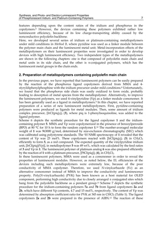 Synthesis, and Photo- and Electro-Luminescent Properties
of Phosphorescent Iridium- and Platinum-Containing Polymers 7
features depending upon the content ratios of the iridium and phosphorus in the
copolymers.8 However, the devices containing these polymers exhibited rather low
luminescent efficiency, because of its low charge-transporting ability caused by the
nonconductive polyolefin backbone.
Here, we developed several series of iridium or platinum-containing metallopolymers
under mild conditions in Method B, where pyridine was used as a linker module between
the polymer main chain and the luminescent metal unit. Metal-incorporation effects of the
metallopolymers on their luminescent properties were investigated in order to develop
devices with high luminescent efficiency. Two independent types of the metallopolymers
are shown in the following chapters: one is that composed of polyolefin main chain and
metal units in its side chain, and the other is -conjugated polymers, which has the
luminescent metal groups in the chain ends.
2. Preparation of metallopolymers containing polyolefin main chain
In the previous paper, we have reported that luminescent polymers can be easily prepared
by the reaction of the phosphorus ligand copolymers derived from MMA and 4-
styryldiphenylphosphine with the iridium precursor under mild conditions.8 Unfortunately,
we found that the phosphorus side chain was easily oxidized to form oxide, probably
leading to desorption of metal species from the metallopolymer. Alternatively, to improve
the luminescent polymers, we used 4-vinylpyridine (Vp) as a linker module comonomer. It
has been generally used as a ligand in metallopolymers.9 In this chapter, we have reported
preparation of a series of new luminescent metallopolymers. First, pyridine-containing
polymers were produced as ligands for metal modules. Then, some amount of iridium
complex precursor, [IrCl(piq)2]2 (3), where piq is 1-phenylisoquinoline, was added to the
ligand polymer.
Scheme 6 depicts the synthetic procedure for the ligand copolymer 1 and the iridium-
containing polymer 5. MMA and Vp were copolymerized in the presence of benzoylperoxide
(BPO) at 80 °C for 10 h to form the random copolymer 1.10 The number-averaged molecular
weight of 1 was 963000 g/mol, determined by size-exclusion chromatography (SEC) which
was calibrated using polystyrene standards. The 1H NMR spectroscopy of 1 revealed that the
content of Vp was 23 mol%. These copolymers reacted with [IrCl(piq)2]2 (3) in CH2Cl2
efficiently to form 5, as a red compound. The expected quantity of the vinylpyridine iridium
unit, [IrCl(piq)(Vp)], in metallopolymer 5 was 49 wt%, which was calculated by the feed ratios
of 3 and Vp in 1. The luminescent polymer of platinum analog 6 was also prepared efficiently
by the reaction of 1 with a platinum precursor, [PtCl(piq)]2 (4), in CH2Cl2.
In these luminescent polymers, MMA were used as a comonomer in order to reveal the
properties of luminescent modules. However, as noted below, the EL efficiencies of the
devices including such metallopolymers were extremely low, because of the poor
conductivity of MMA copolymer. Therefore, we used N-vinylcarbazole (Vc) as an
alternative comonomer instead of MMA to improve the conductivity and luminescence
property. Poly(N-vinylcarbazole) (PVK) has been known as a host material for OLED
component, performing high conductivity due to closely arranged  conjugated sites which
hang from the polyolefin backbone as a pendant group.11 Scheme 7 depicts the synthetic
procedure for the iridium-containing polymers 7a and 7b from ligand copolymers 2a and
2b, which have different Vp contents, 4.7 and 15 mol%, respectively. The content of Vp was
determined by absorption coefficient ratio for PVK at 345 nm in CHCl3 (Table 1). The ligand
copolymers 2a and 2b were prepared in the presence of AIBN.12 The reaction of these
 
