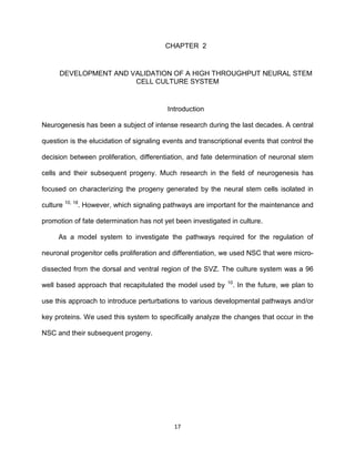 17
CHAPTER 2
DEVELOPMENT AND VALIDATION OF A HIGH THROUGHPUT NEURAL STEM
CELL CULTURE SYSTEM
Introduction
Neurogenesis has been a subject of intense research during the last decades. A central
question is the elucidation of signaling events and transcriptional events that control the
decision between proliferation, differentiation, and fate determination of neuronal stem
cells and their subsequent progeny. Much research in the field of neurogenesis has
focused on characterizing the progeny generated by the neural stem cells isolated in
culture 10, 18
. However, which signaling pathways are important for the maintenance and
promotion of fate determination has not yet been investigated in culture.
As a model system to investigate the pathways required for the regulation of
neuronal progenitor cells proliferation and differentiation, we used NSC that were micro-
dissected from the dorsal and ventral region of the SVZ. The culture system was a 96
well based approach that recapitulated the model used by 10
. In the future, we plan to
use this approach to introduce perturbations to various developmental pathways and/or
key proteins. We used this system to specifically analyze the changes that occur in the
NSC and their subsequent progeny.
 