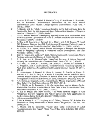 28
REFERENCES
1 K. Azim, R. Fiorelli, S. Zweifel, A. Hurtado-Chong, K. Yoshikawa, L. Slomianka,
and O. Raineteau, '3-Dimensional Examination of the Adult Mouse
Subventricular Zone Reveals Lineage-Specific Microdomains', PLoS One, 7
(2012), e49087.
2 F. Balordi, and G. Fishell, 'Hedgehog Signaling in the Subventricular Zone Is
Required for Both the Maintenance of Stem Cells and the Migration of Newborn
Neurons', J Neurosci, 27 (2007), 5936-47.
3 ———, 'Mosaic Removal of Hedgehog Signaling in the Adult Svz Reveals That
the Residual Wild-Type Stem Cells Have a Limited Capacity for Self-Renewal', J
Neurosci, 27 (2007), 14248-59.
4 S. Coy, J. H. Caamano, J. Carvajal, M. L. Cleary, and A. G. Borycki, 'A Novel
Gli3 Enhancer Controls the Gli3 Spatiotemporal Expression Pattern through a
Tale Homeodomain Protein Binding Site', Mol Cell Biol, 31 (2011), 1432-43.
5 M. Fuccillo, A. L. Joyner, and G. Fishell, 'Morphogen to Mitogen: The Multiple
Roles of Hedgehog Signalling in Vertebrate Neural Development', Nat Rev
Neurosci, 7 (2006), 772-83.
6 Joan E. Hooper, and Matthew P. Scott, 'Communicating with Hedgehogs', Nature
Reviews Molecular Cell Biology, 6 (2005), 306-17.
7 R. A. Ihrie, and A. Alvarez-Buylla, 'Lake-Front Property: A Unique Germinal
Niche by the Lateral Ventricles of the Adult Brain', Neuron, 70 (2011), 674-86.
8 R. A. Ihrie, J. K. Shah, C. C. Harwell, J. H. Levine, C. D. Guinto, M. Lezameta, A.
R. Kriegstein, and A. Alvarez-Buylla, 'Persistent Sonic Hedgehog Signaling in
Adult Brain Determines Neural Stem Cell Positional Identity', Neuron, 71 (2011),
250-62.
9 A. Lopez-Juarez, J. Howard, K. Ullom, L. Howard, A. Grande, A. Pardo, R.
Waclaw, Y. Y. Sun, D. Yang, C. Y. Kuan, K. Campbell, and M. Nakafuku, 'Gsx2
Controls Region-Specific Activation of Neural Stem Cells and Injury-Induced
Neurogenesis in the Adult Subventricular Zone', Genes Dev, 27 (2013), 1272-87.
10 F. T. Merkle, Z. Mirzadeh, and A. Alvarez-Buylla, 'Mosaic Organization of Neural
Stem Cells in the Adult Brain', Science, 317 (2007), 381-4.
11 F. T. Merkle, A. D. Tramontin, J. M. Garcia-Verdugo, and A. Alvarez-Buylla,
'Radial Glia Give Rise to Adult Neural Stem Cells in the Subventricular Zone',
Proc Natl Acad Sci U S A, 101 (2004), 17528-32.
12 N. éva P. Meyer, and Henk Roelink, 'The Amino-Terminal Region of Gli3
Antagonizes the Shh Response and Acts in Dorsoventral Fate Specification in
the Developing Spinal Cord', Dev Biol, 257 (2003), 343-55.
13 '<Motoyamadevbio150.Pdf>'.
14 S. Oh, X. Huang, J. Liu, Y. Litingtung, and C. Chiang, 'Shh and Gli3 Activities Are
Required for Timely Generation of Motor Neuron Progenitors', Dev Biol, 331
(2009), 261-9.
15 H. Okano, and K. Sawamoto, 'Neural Stem Cells: Involvement in Adult
Neurogenesis and Cns Repair', Philos Trans R Soc Lond B Biol Sci, 363 (2008),
2111-22.
 