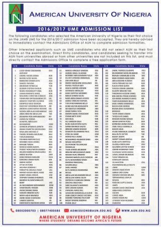 AUN Admission List 2016/2017 Released www.alluniversitynews.com