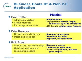 © 2007 Unica Corporation
Metrics
Unique visitors
Engagement: Session length,
comments, uploads, invitations
RIA Events: rotate, zoom features
Revenue, conversions
Average order value
Upgrades, market basket
Repeat purchases
Lifetime customer value
Popularity: products, features,
price ranges
Business Goals Of A Web 2.0
Application
Drive Traffic
• Attract more visitors
• Create viral buzz
• Encourage repeat visits
Drive Revenue
• Convert visitors to buyers
• Upsell and cross-sell
Build Brand
• Create customer relationships
• Get direct feedback from
customers/prospects
 