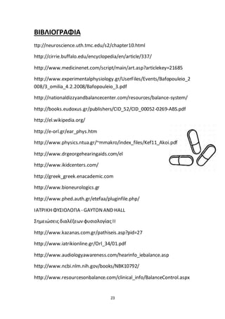 23
ΒΙΒΛΙΟΓΡΑΦΙΑ
ttp://neuroscience.uth.tmc.edu/s2/chapter10.html
http://cirrie.buffalo.edu/encyclopedia/en/article/337/
http://www.medicinenet.com/script/main/art.asp?articlekey=21685
http://www.experimentalphysiology.gr/UserFiles/Events/Bafopouleio_2
008/3_omilia_4.2.2008/Bafopouleio_3.pdf
http://nationaldizzyandbalancecenter.com/resources/balance-system/
http://books.eudoxus.gr/publishers/CID_52/CID_00052-0269-ABS.pdf
http://el.wikipedia.org/
http://e-orl.gr/ear_phys.htm
http://www.physics.ntua.gr/~mmakro/index_files/Kef11_Akoi.pdf
http://www.drgeorgehearingaids.com/el
http://www.ikidcenters.com/
http://greek_greek.enacademic.com
http://www.bioneurologics.gr
http://www.phed.auth.gr/etefaa/pluginfile.php/
ΙΑΤΡΙΚΗ ΦΥΣΙΟΛΟΓΙΑ - GAYTONAND HALL
Σημειώσεις διαλέξεων φυσιολογίας ΙΙ
http://www.kazanas.com.gr/pathiseis.asp?pid=27
http://www.iatrikionline.gr/Orl_34/01.pdf
http://www.audiologyawareness.com/hearinfo_iebalance.asp
http://www.ncbi.nlm.nih.gov/books/NBK10792/
http://www.resourcesonbalance.com/clinical_info/BalanceControl.aspx
 